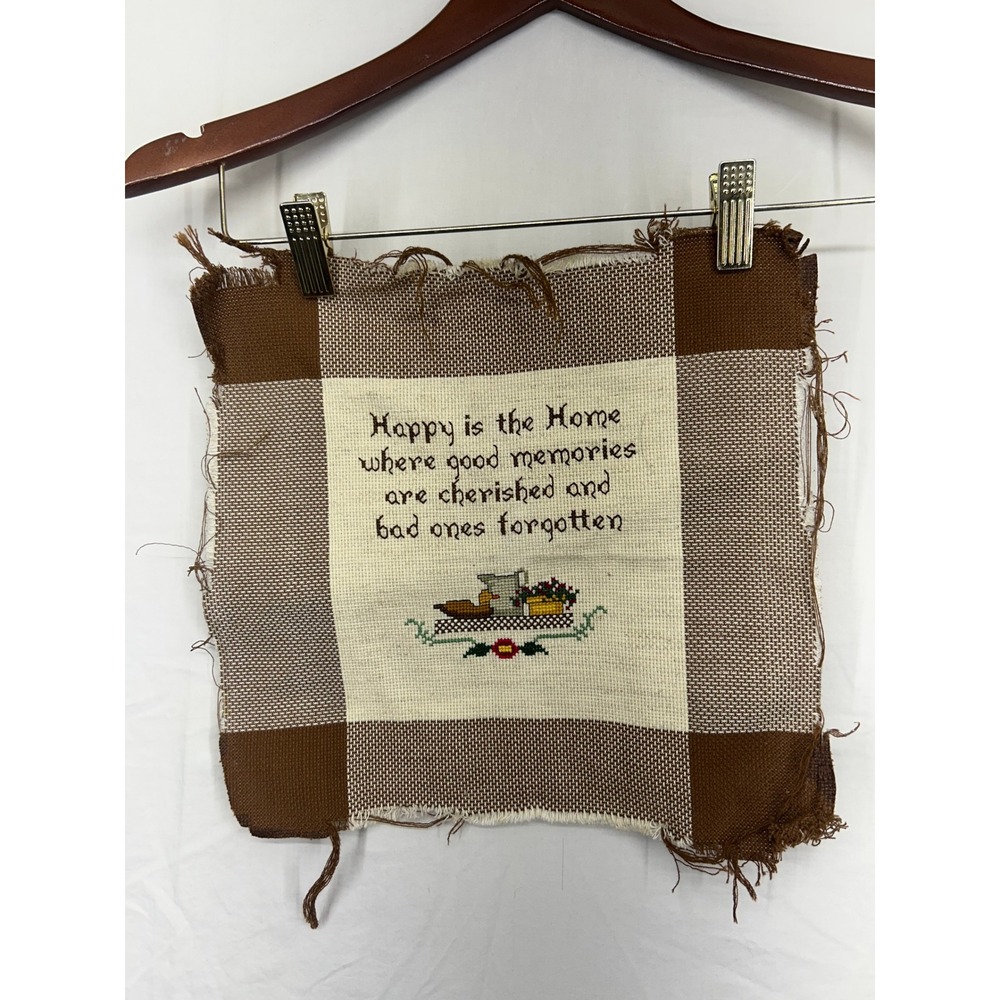 Vintage Handmade Cross Stitch Sampler Home Quote Brown Checkered Border 11x12